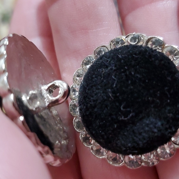 Set of 3 VINTAGE Black fabric silvertone clear rhinestones shank back BUTTONS - Picture 5 of 6